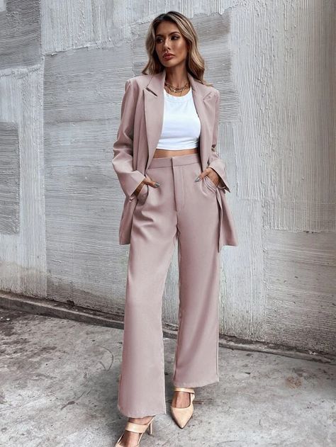 Solid Slant Pockets Tailored Pants | SHEIN USA Women Suits Wedding Guest, Square Pants Outfit, Womens Pant Suits Wedding, Tailored Suit Women, Womens Suit Outfits, Dusty Pink Outfits, Pink Suits Women, Wedding Guest Suits, 2024 Wardrobe