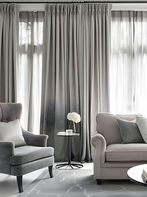 Alt text: A modern grey living area with minimalist decor and stylish curtains, creating a chic and inviting atmosphere. Grey Living Room Curtain Ideas, Living Area Interior Design, Living Area Interior, Curtain Aesthetic, Grey Curtains Living Room, Living Room Curtain Ideas, Grey Living Room Ideas, Room Curtain Ideas, Grey Blinds