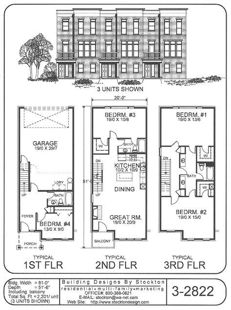 Building Designs by Stockton: Plan # 3-2822 Small Apartment Building Plans, Apartment Blueprints, Town House Plans, Residential Building Plan, Small Apartment Building, Townhouse Exterior, San Myshuno, Modern House Floor Plans, Sims 4 House Plans