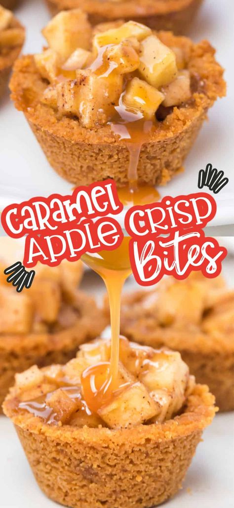 Caramel Apple Crisp Bites - A mini apple pie in a bite-size dessert Apple Caramel Tart, Princess Pinky Girl Recipes, Eyfs Cooking, Angel Desserts, Apple Crisp Bites, Cookie Tarts, Apple Crisp Pie, Homemade Graham Cracker, Graham Cracker Crust Recipe