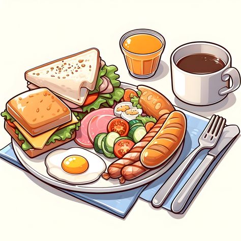 English Breakfast Illustration, Breakfast Cartoon, Breakfast Clipart, Cute Cartoon Food, Restaurant Game, Japanese Food Illustration, House Cartoon, Food Artwork, Food Cartoon