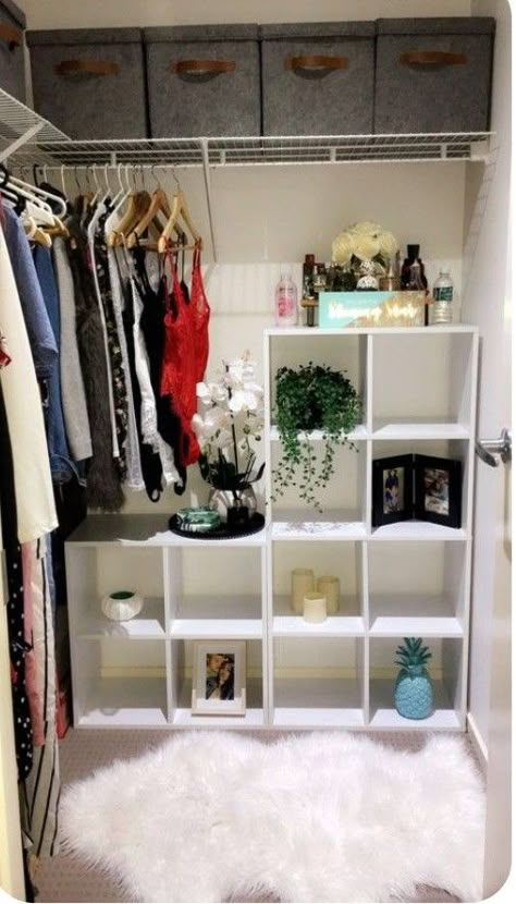 Cube Shelf Ideas Closet, Kmart Wardrobe Organisation, Walk In Closet Entryway Ideas, Diy Walk In Wardrobe, Small Walkin Closet Organization, Tiny Dressing Room, Clothes Storage Ideas, Spare Room Closet, Kmart Decor