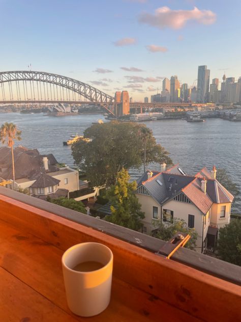 Balcony view of Sydney harbour Cafes In Sydney, Australiana Aesthetic, Coffee On Balcony, Sydney Australia Aesthetic, Sydney Aesthetic, Sydney Lifestyle, Sydney Winter, Visualization Board, Life Core