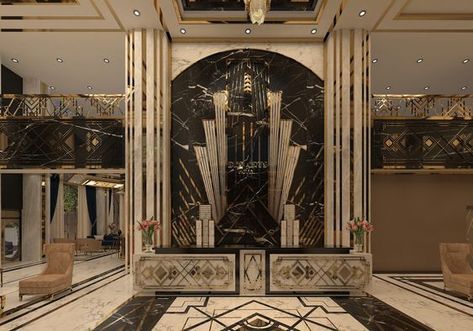 Art Deco Reception Interior, Art Deco Lobby Design, Art Deco Hotel Reception, Art Deco Set Design, Art Deco Exterior Home, Luxury Hotel Reception, Art Deco Hotel Lobby, Art Deco Reception, Hotel Reception Design