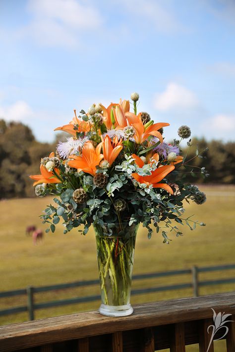 Sophisticated and Tall! Orange LA Lily, Gunni Eucalyptus, Stellata Pods (Scabiosa), Purple Thistle, and Clear Romanesque Glass Vase. #fallarrangement #pennockfloral Gunni Eucalyptus, Orange Lily Flower, Purple Thistle, Rustic Arrangements, Glass Vase Decor, Asiatic Lilies, House Deco, Fall Arrangements, Clear Glass Vases