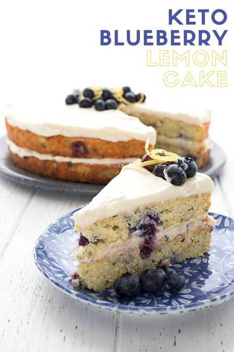 Titled image with a slice of Keto Lemon Blueberry Zucchini Cake on a blue patterned plate, with the rest of the cake in the background Keto Zucchini Recipes, Keto Lemon Blueberry, Blueberry Zucchini Cake, Guava Cake, Lemon Blueberry Cake, Keto Zucchini, Ketogenic Desserts, Low Carb Cake, Vanilla Sauce