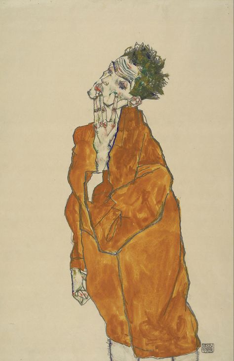 Pencil, Watercolor, Opaque Colors on Japanese Vellum (The Albertina Museum, Vienna) Egon Schiele Drawings, Leopold Museum, Austrian Painter, Illustration Kunst, Istoria Artei, Egon Schiele, Orange Jacket, Arte Inspo, Art Historian