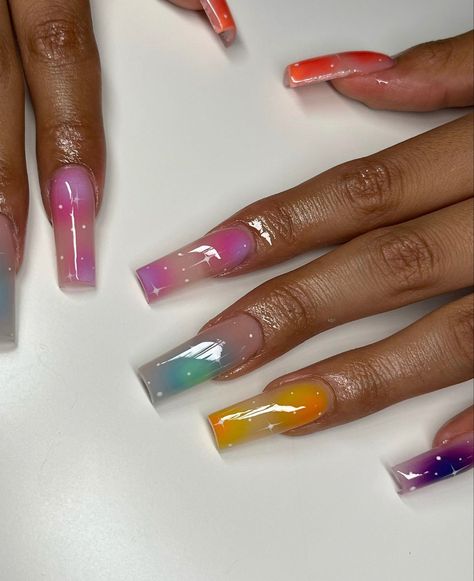 Dominican Nails Art, Spring Nail Sets 2024, Cute Clear Acrylic Nails, Colorful Nails Acrylic, Energy Nails, Lsd Nails, Karol G Nails, Gel X Nail Designs, Colorful Acrylic Nails