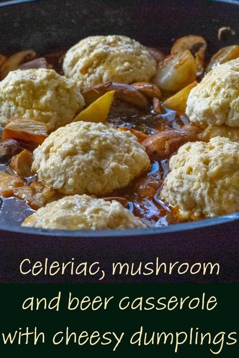 Celeriac, mushroom and beer casserole with cheesy dumplings Cheesy Dumplings, Suet Dumplings, Mushroom Dumplings, Roast Celeriac, Vegetarian Main Course, Fried Mushrooms, Cooking Sauces, Brown Ale, Dried Figs