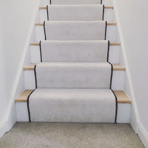 Stair carpet runner in cream, bound with black edging Edged Stair Carpet, Carpet On Stairs, Runner Stairs, Stair Carpet Runner, Hall Ideas, House Staircase, Stair Rods, Oak Stairs, Stair Carpet