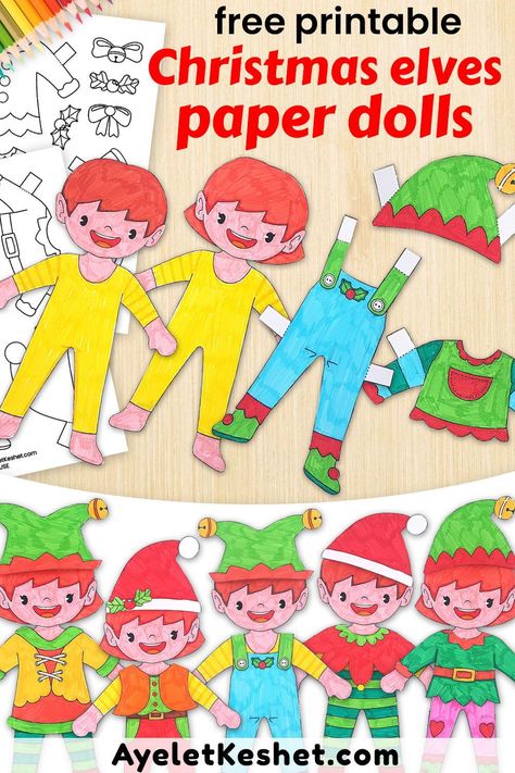 Free printable Christmas craft for kids: Color, cut and dress up cute Christmas paper dolls of elves! Easy, fun and mess-free holiday activity. #Ayelet_Keshet #ChristmasCraft #PrintableCraft #MessFreeCraft #PaperDoll Paper Dolls Printable Free, Paper Doll Christmas, Christmas Paper Dolls, Christmas Science Activities, Mess Free Craft, Unique Christmas Gifts Diy, Free Christmas Crafts, Diy Coloring Books, Printable Christmas Decorations