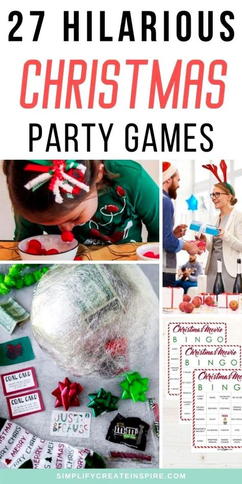 Hilarious Fun Christmas Party Games For All Ages These Christmas party games for adults, kids, work parties and more are sure to add some extra laughs to your festive party fun. Includes Christmas games to play with family or friends and printable Christmas games as well. Family Christmas Party Games, Christmas Party Games For Groups, Christmas Eve Games, Christmas Games To Play, Fun Family Christmas Games, Christmas Party Games For Kids, Christmas Gift Games, Christmas Party Activities, Christmas Games For Adults