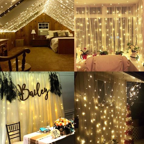 Warm White Fairy Lights, Large Curtains, Led Curtain Lights, Net Lights, Led Curtain, Fairy Lights Bedroom, Firefly Lights, Curtain String Lights, Bedroom Patio