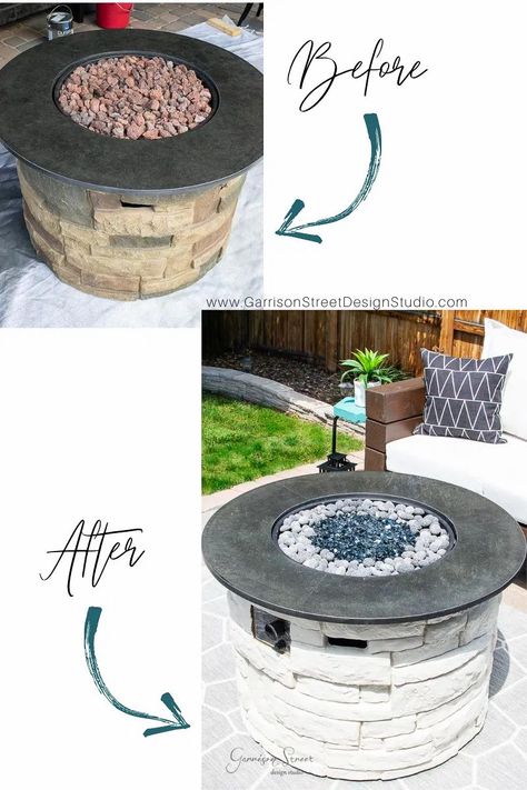 Painted Fire Pit, Propane Fire Pit Makeover, Fire Table Makeover, Outdoor Fire Table Ideas, Fire Pit Makeover, Outdoor Gas Fire Pit Ideas, Gas Fire Pit Ideas Backyard, Diy Stone Patio With Fire Pit, Fire Pit Glass Rocks Ideas