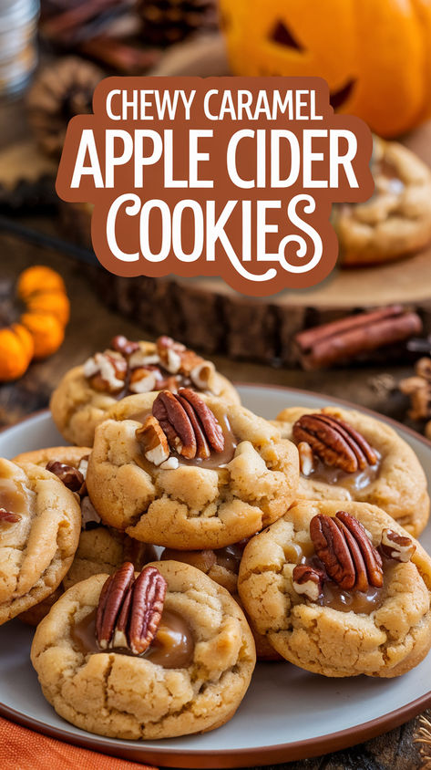 Chewy apple cider cookies with caramel, perfect for fall baking. These desserts combine flavors of apples, cider, and caramel, and can be made as gluten-free apple cider cookies or caramel apple cider cookie bars. Ideal for cozy cinnamon fall desserts and fun fall cookies. Thanksgiving Recipes Dessert Cookies, Fall Dessert Recipes Cookies, Simple Fall Cookies Decorated, Caramel Apple Cider Cookies, Apple Cider Dessert Recipes, Apple Cider Cookies Recipes, Apple Cider Recipes Desserts, Caramel Apple Cookies Recipes, Apple Caramel Dessert