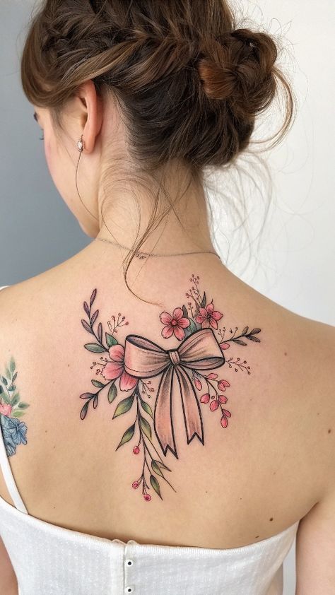 Escape into a world of floral fantasy with a floral bow illustration, a beautiful and delicate tattoo design. With intricate details and soft colors, this tattoo is perfect for women who love nature-inspired art. #FloralTattoos #BowTattoo #IllustrationTattoos #TattooArt #TattooDesigns Bow With Flowers, Bow Illustration, Bow Tattoo Designs, Astrology Tattoo, Ribbon Tattoos, Bow Tattoo, Birth Flower Tattoos, Delicate Tattoo, Floral Tattoo Design