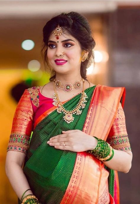 Dohal Jevan Look, Sarees For Seemantham, Srimantham Photoshoot Saree, Hairstyles For Seemantham, Sreemantham Blouse Designs, Seemantham Blouse Designs, Srimantham Sarees, Baby Shower Hairstyles Indian, Dohale Jevan Photography