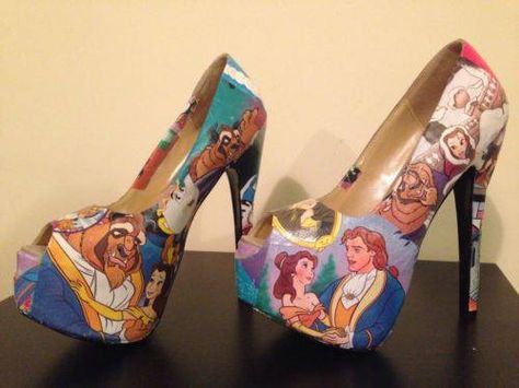 Beauty and The Beast Heels .... Disney High Heels, Beauty And The Beast Shoes, Disney Heels, Comic Book Shoes, Beauty And Beast Wedding, Quinceañera Ideas, Jacket Designs, Disney Inspired Outfits, Shoes Socks