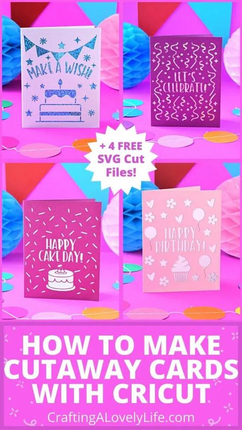 Today we are making these super fun Birthday Cutaway Cards using our Cricut and the Cricut Card Mat. These cards were so much fun and so easy to make! | Cricut for Beginners | Cricut Cardstock Vinyl Tutorial | Cricut Tutorial | Cricut Cutaway Card Tutorial | Cricut Card Mat Tutorial Birthday Cards Cricut Free, Free Male Birthday Card Svg Files For Cricut, Cricut Cards Without Card Mat, Cricut Cardstock Cards, Cricut 21st Birthday Cards, Cricut Insert Card Template, Free Svg Files For Cricut Birthday Cards, Cricut Joy Birthday Cards Free, Cricut Joy Cutaway Cards