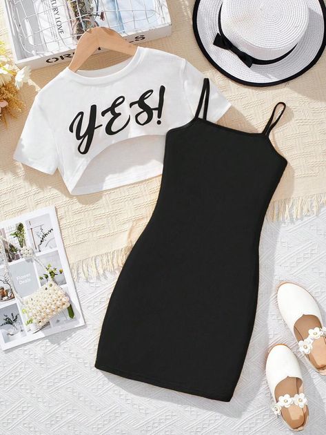 SHEIN Tween Girls' Letter Printed Short Sleeve Top And Cami Dress Two Pieces Set | SHEIN USA Cute Outfits With Shorts, Cute Dress Outfits, Casual Preppy Outfits, Trendy Outfits For Teens, Quick Outfits, Cute Preppy Outfits, Easy Trendy Outfits, Tween Outfits, Teenager Outfits