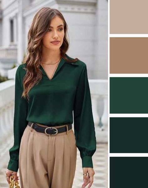 Forest Green Color Palette Outfit, Emerald Green Monochromatic Outfit, Mint Green Clothes Combination, Emerald Green Work Outfit, Autumn Outfits Color Palettes, Olive Green Color Palette Outfit, Emerald Green Outfit Ideas Color Combos, Autumn Colour Palette Outfits, Dark Green Blouse Outfit