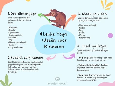 Kinderen vinden yoga ook leuk. Maar je moet het wel in de juiste vorm aanbieden. Deze spelletjes helpen jou om yogalessen voor kinderen voor te bereiden en ze met een enthousiast en energiek gevoel de klas te laten verlaten. Ga jij deze spelletjes gebruiken voor yoga met kinderen? Je kunt onder andere:
- Dieren yogahoudingen doen
- Namen bedenken bij yogahoudingen
- Spelletjes spelen zoals 'yogi mag ik overvaren, spiegeltje spiegeltje of yogi zegt. Yoga For Kids, Hen, Activities For Kids, Coaching, Mindfulness, Yoga