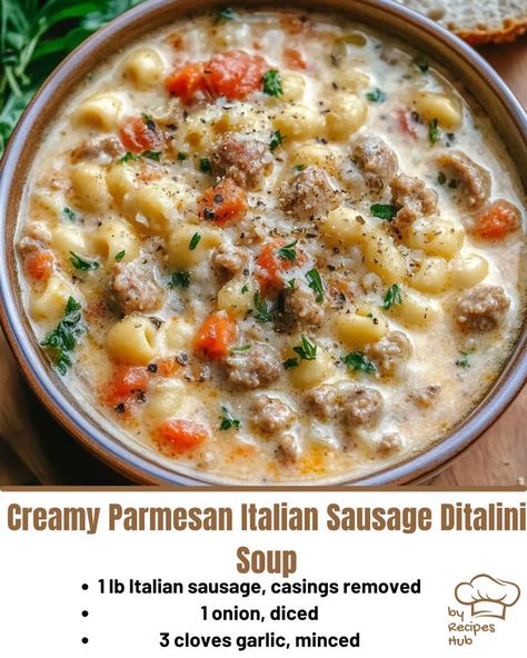 Creamy Parmesan Italian Sausage Ditalini Soup Sausage Soup Recipes, Ditalini Pasta, Soup Ingredients, Italian Sausage Soup, Creamy Parmesan, Sweet Italian Sausage, Sausage Soup, How To Cook Sausage, Italian Sausage