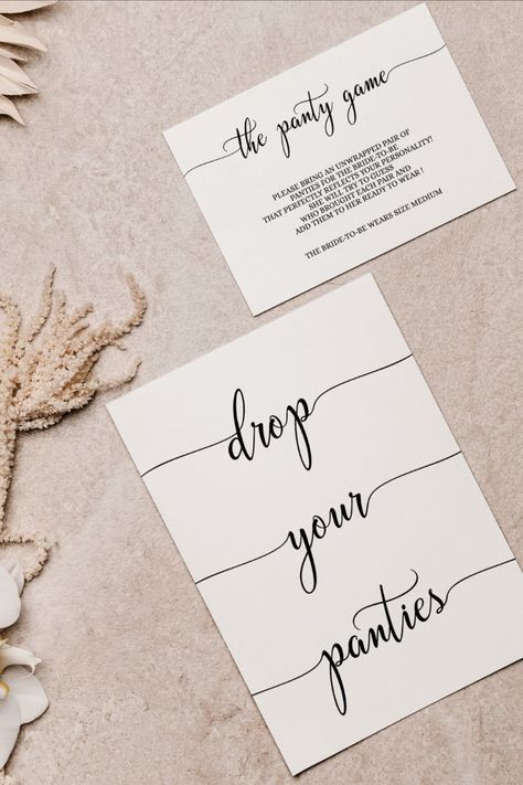 Printable Minimalist Drop Your Panties 
game Template featuring a modern script font.
Perfect for a lingerie bridal shower or bachelorette party! | Purchase, Edit and Print within Minutes. Try our free Demo! The Panty Game Free Printable, Bridal Shower Panty Line, The Panty Game Bachelorette, Minimalistic Bachelorette Party, Lingerie Game Bachelorette, Lingere Party Ideas Bridal, Lingerie Bachelorette Party Ideas, Bachelorette Lingerie Game, Minimalist Bachelorette Party Decor