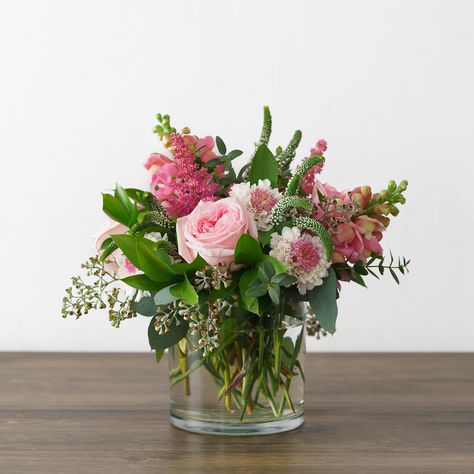 Wide Cylinder Vase Centerpiece, Small Pink Floral Arrangements, Circle Vase Flower Arrangement, Short Floral Arrangements, Small Arrangements Flowers, Short Vase Flower Arrangements, Mother’s Day Floral Arrangements, Short Flower Arrangements, Pink Rose Arrangements