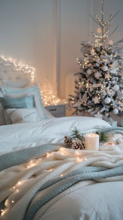 Silver Christmas Bedroom Decor, Pine Tree Bedroom, Small Bedroom Christmas Tree, White Christmas Room Decor, Winter Wonderland Bedroom, Winter Room Decor, Wonderland Bedroom, Winter Bedroom Decor, Winter Room