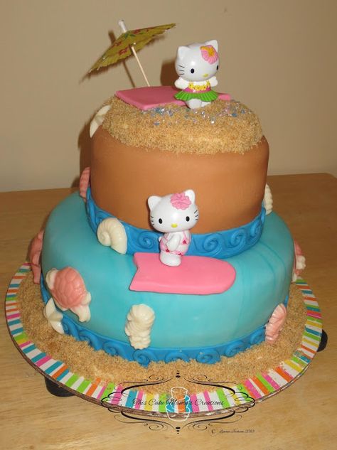 Hello Kitty Birthday Beach Bash ~ This Cake Mama's Creations Hawaiian Birthday Cakes, Summer Birthday Cake, Hello Kitty Games, Kitty Birthday Cake, Hello Kitty Birthday Cake, Beach Bash, Hello Kitty Birthday Party, Beach Cakes, Fiesta Tropical