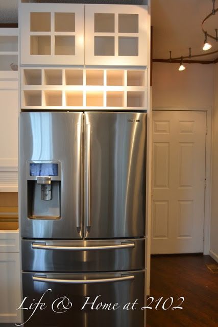 Life & home at 2102: Kitchen Renovation Day 9 to 13 Wine racks above fridge! Gap Above Refrigerator, Fill Gap Above Refrigerator, Gap Above Fridge, Wine Above Fridge, Wine Rack Over Refrigerator, Cabinet Above Fridge, Space Above Fridge, Wine Rack Above Fridge, Refrigerator Surround