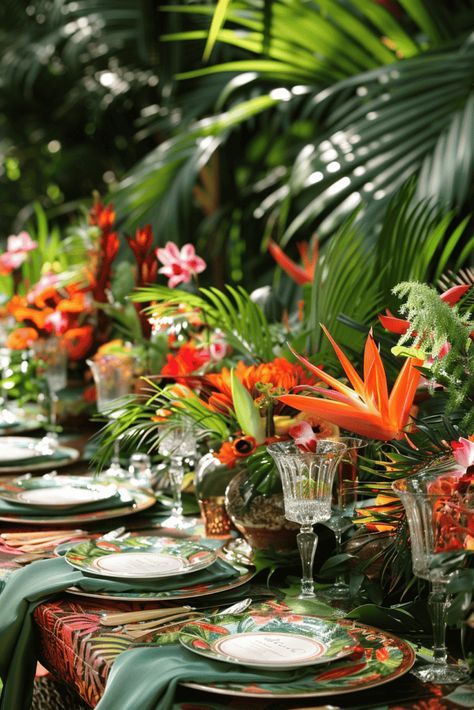 Bird Theme Tablescape, Tropical Table Setting, Tropical Decor Party, Tropical Tablescape, Rio Party, Bird Of Paradise Wedding, Luau Ideas, Tropical Table, Tropical Centerpieces