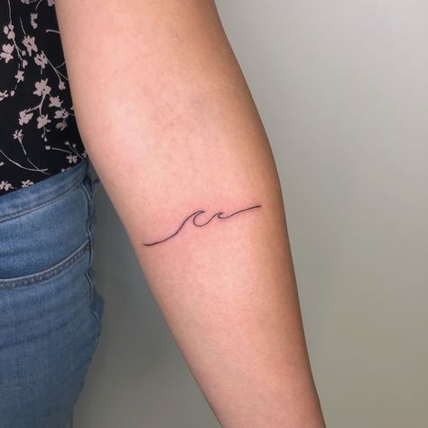 Wave Tattoo Around Wrist, Breathe Wave Tattoo, Wave With Words Tattoo, Double Wave Tattoo, Wave Outline Tattoo, Minimal Wave Tattoo, Wave Tattoo Arm, Minimalist Wave Tattoo, Wave Tattoo Foot