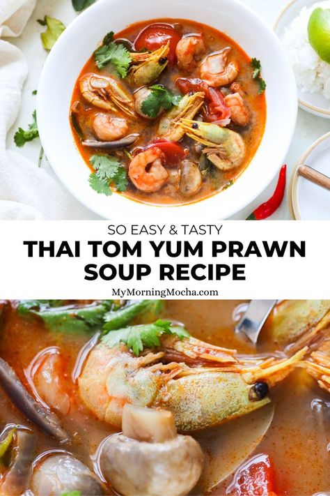 Here's+how+to+make+Thai+tom+yum+prawn+soup+in+30+minutes+with+this+easy+recipe.+It's+creamy,+quick+and+full+of+so+much+flavour.+via+@MyMorningMocha Thai Chili Paste, Prawn Soup, Thai Recipes Authentic, Cheesecake Brownies Recipe, Baked Dinner Recipes, Tom Yum Soup, How To Boil Rice, Tamarind Paste, Tom Yum