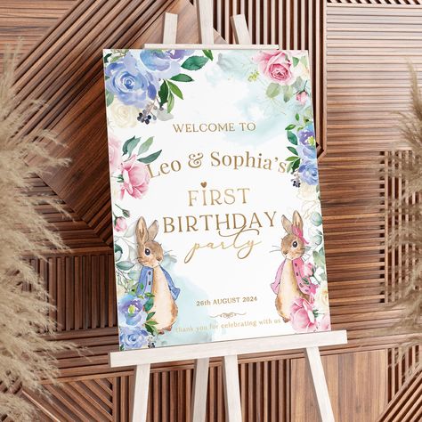 Twins 1st Birthday Party Welcome Sign, Bunny Rabbit Party Sign for Twins 1st Birthday, Instant Download, Edit in Canva, Twins Birthday Ideas Twin 1st Birthday, Twins 1st Birthday Ideas, Twins First Birthday Party Ideas, Twins Birthday, Party Welcome Sign, Twins 1st Birthdays, Twin First Birthday, 1st Birthday Party Invitations, First Birthday Decorations