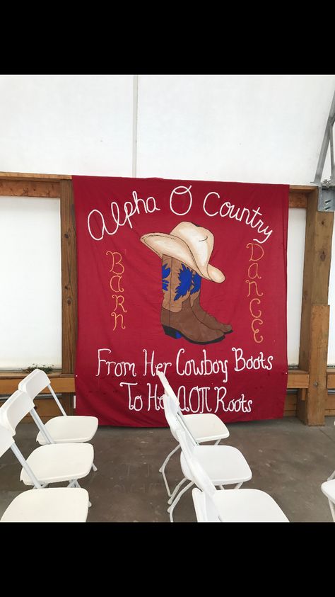 Barn dance banner #aoii #barndance #cowboyboots #alphao Barn Dance Sorority, Frat Banner, Semi Formal Themes, Formal Themes, Barnyard Dance, Pi Kapp, 2023 Banner, Frat Formal, Barn Party