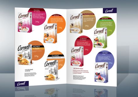 Cornell oatmeal and flakes packaging design by Lena McCoder, via Behance Food Catalogue Design Layout, Catlouge Design Ideas, Food Product Catalog Design, Food Catalogue Design, Catalogue Design Ideas, Catalog Design Inspiration, Product Catalog Design, Food Catalog, Catalog Design Layout