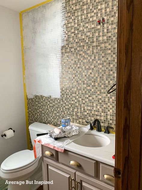 Painted Square Tile Backsplash, Dated Tile Bathroom, Painting Bathroom Wall Tiles Diy, How To Update Tile Bathroom, How To Paint Ceramic Tile Bathroom Walls, Painting Over Tiles Bathroom Wall, Small Bathroom Tile Backsplash, Painting Over Mosaic Tile, Painting Small Bathroom Tiles