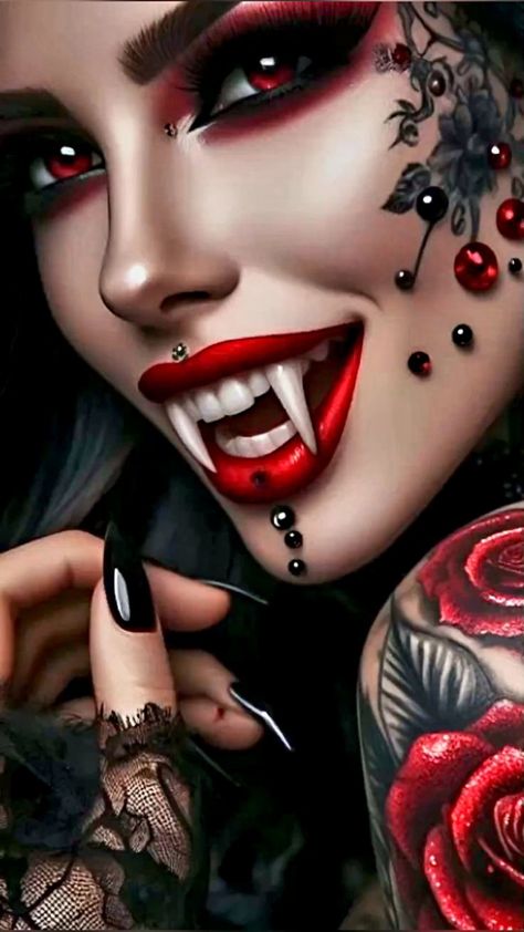 Dark Beauty Fashion, Modern Art Tattoos, Pin Up Pictures, Vampire Pictures, Cyberpunk Female, Female Vampire, Old Makeup, Gothic Looks, Vampire Girls