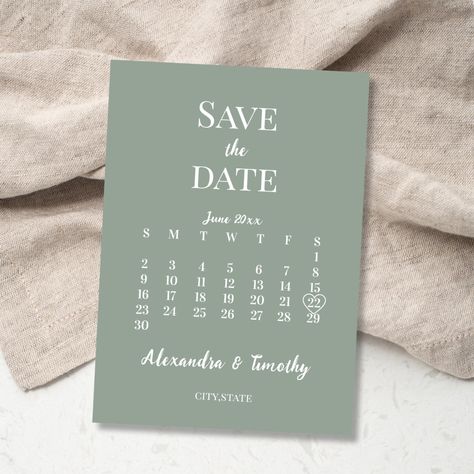 Minimalist Modern Sage Green Calendar Wedding Save The Date Ideas Green, Green Save The Date, Green Calendar, Colors Background, Modern Save The Dates, Sage Green Color, Custom Calendar, Save The Date Card, Wedding Save The Date