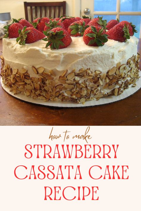 The Strawberry Cassata Cake is a delightful Italian dessert featuring layers of sponge cake soaked in liqueur, filled with ricotta cheese and candied fruit, and topped with fresh strawberries and whipped cream. Perfect for special occasions! Italian Strawberry Cake, Strawberry Rum Cake, Italian Cakes Traditional, Fresh Strawberry Cake Filling, Strawberry Cassata Cake, Casada Cake Recipe, Italian Cassata Cake Recipe, Casata Cake, Cassata Cake Recipe