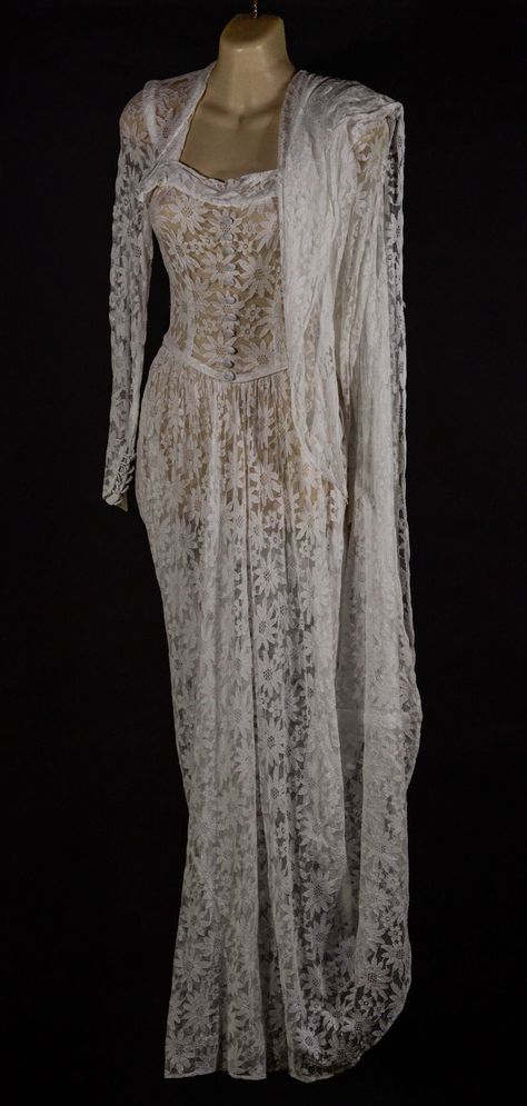 the pattern has created a natural form, that although a wedding dress, could be worn on other special occasions. the waist size it's  22 1/2 inches inches, and the bust is 27 1/4 inch,. a photo shows small break in the netting, as small as a match head, not really visible.  another photo shows very,very faint rust, other than that the fabric appears quite strong for this vintage. Vintage dresses like this sell in the thousands of dollars, So the price it's quite low 70s Tops, Natural Form, Midsummer Nights Dream, Fashion History, Waist Size, Wedding Inspo, Vintage Dresses, Fairy Tales, 4 Inch