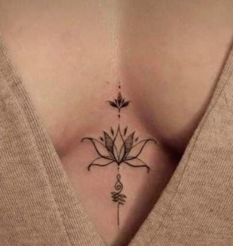 Lotus Flower Tattoo Between Breast, Tattoos In The Middle Of Chest Women, Tiny Sternum Tattoo Women, Lotus Flower Chest Tattoo, Lotus Chest Tattoo, Tattoo In Between Breast, In Between Breast Tattoo, Simple Sternum Tattoo Women, Cleavage Tattoos For Women