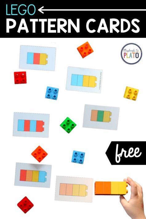 These Lego pattern cards are perfect for a toddler, pre k and kindergarten kids! Kids will love building with legos and growing their math brains at the same time! Knowing patterns is a foundation skill for math problem solving and this is an easy prep, engaging activity for young learners. #legomath #patterns #legopatterns Lego Activity Cards, Duplo Pattern Cards Free Printables, Duplo Activities Preschool, Lego Activities For Preschoolers, Lego Math Kindergarten, Duplo Lego Ideas Free Printable, Lego Provocations, Patterning Kindergarten Activities, Preschool Lego Activities