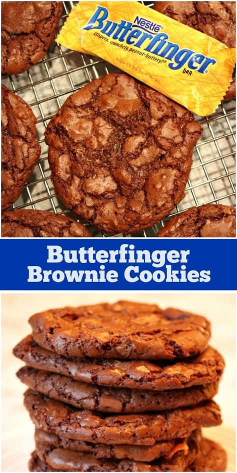 Butterfinger Brownie Cookies recipe from RecipeGirl.com #butterfinger #butterfingers #brownie #cookie #cookies #recipe #RecipeGirl Cookies Cake Recipe, Cake Cookies Recipe, Butterfinger Cookies, Cookie Dough Cake, Cookie Brownie Recipe, Best Sugar Cookie Recipe, Cake Mix Cookie Recipes, Cookies Cake, Best Sugar Cookies