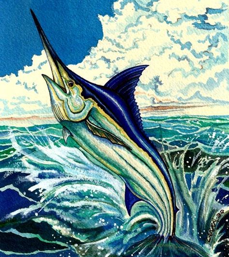 Marlin Painting, Blue Marlin Fish, Beach Paintings, Seahorse Art, Blue Marlin, Marine Art, Wildlife Paintings, Sunflower Painting, Fish Painting