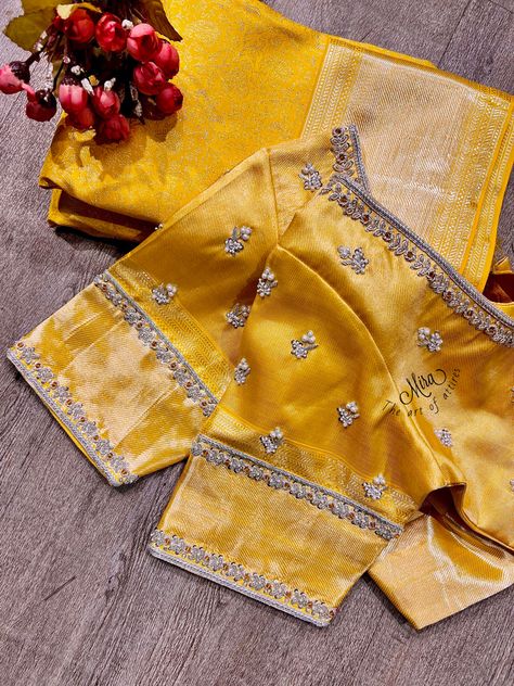 For queries whatsapp us on +91-9843321228 Yellow Pattu Blouse Work Designs, Yellow Maggam Work Blouse Designs, Ghagra Design, Yellow Blouse Designs, Wedding Blouses, Plain Blouse Designs, Saree Pic, Simple Blouses, Maggam Blouses