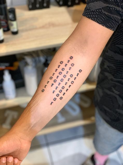 Binary code tattoo Binary Tattoo Ideas, Binary Code Aesthetic, Binary Code Tattoo, Binary Tattoo, Technology Tattoo, Code Tattoo, Fenix Tattoo, Date Tattoos, Binary Code