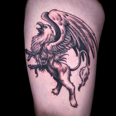 Black and Gray Griffin Tattoo by Jerrel Larkins Griffin Tattoo Men, Griffin Tattoo Feminine, Griffin Tattoo Design, Griffon Tattoo, Gryphon Tattoo, Griffin Mythical, Griffin Tattoo, Griffin Art, Ink Master Tattoos